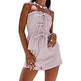 ROAONOCOMO Women Ruffle 2 Piece Shorts Set Strapless Tiered Tube Top Gingham Lounge Outfit Floral Ruched Coquette Pajama Sets