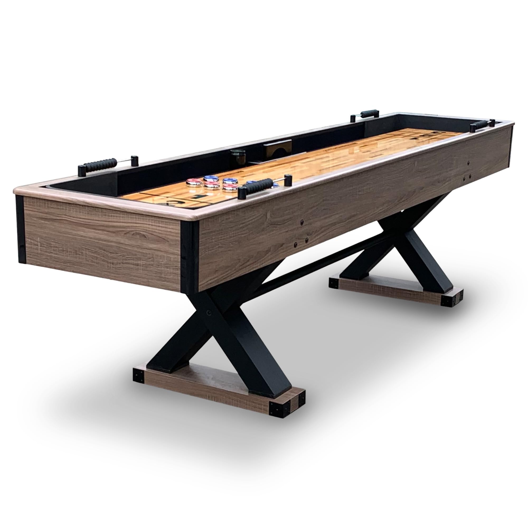 Photo 1 of ***USED, MAJOR DAMAGE TO ONE CORNER***Hathaway Excalibur 9-Ft Shuffleboard Table for Great for Family Recreation Game Rooms, Designed with a Rustic Driftwood Finish with Built-In Leg Levelers, Includes 8 Pucks, Table Brush and Wax