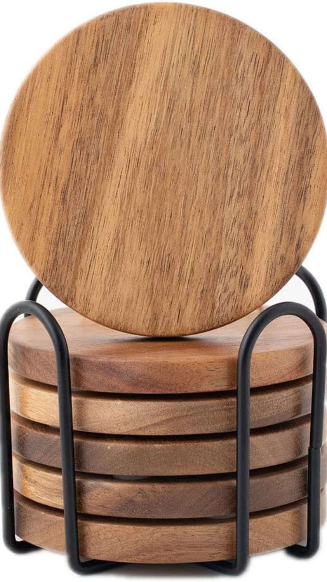 WLWNWFT Acacia Wood Coasters Set of 6 with Holder, Wooden Coasters for Glasses Drinkings Coffee Table Desk Round with Non-Slip Pad Cup Coasters for Home Office Christmas Decor 4 Inch, Black