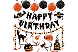 Danadia Halloween Birthday Decorations, Happy Birthday Banner for Halloween Party, Kid's Party Decorations with Honeycomb Balls, Hanging Swirl Streamers, Circle Dot Garland