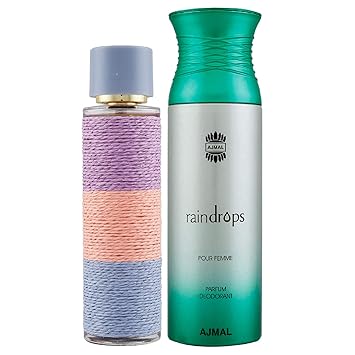 Maryaj Deuce Femme Eau De Parfum Floral Fruity Perfume 100ml for Women and Ajmal Raindrops Femme Deodorant Floral Chypre Fragrance 200ml for Women + 2 Parfum Testers FREE