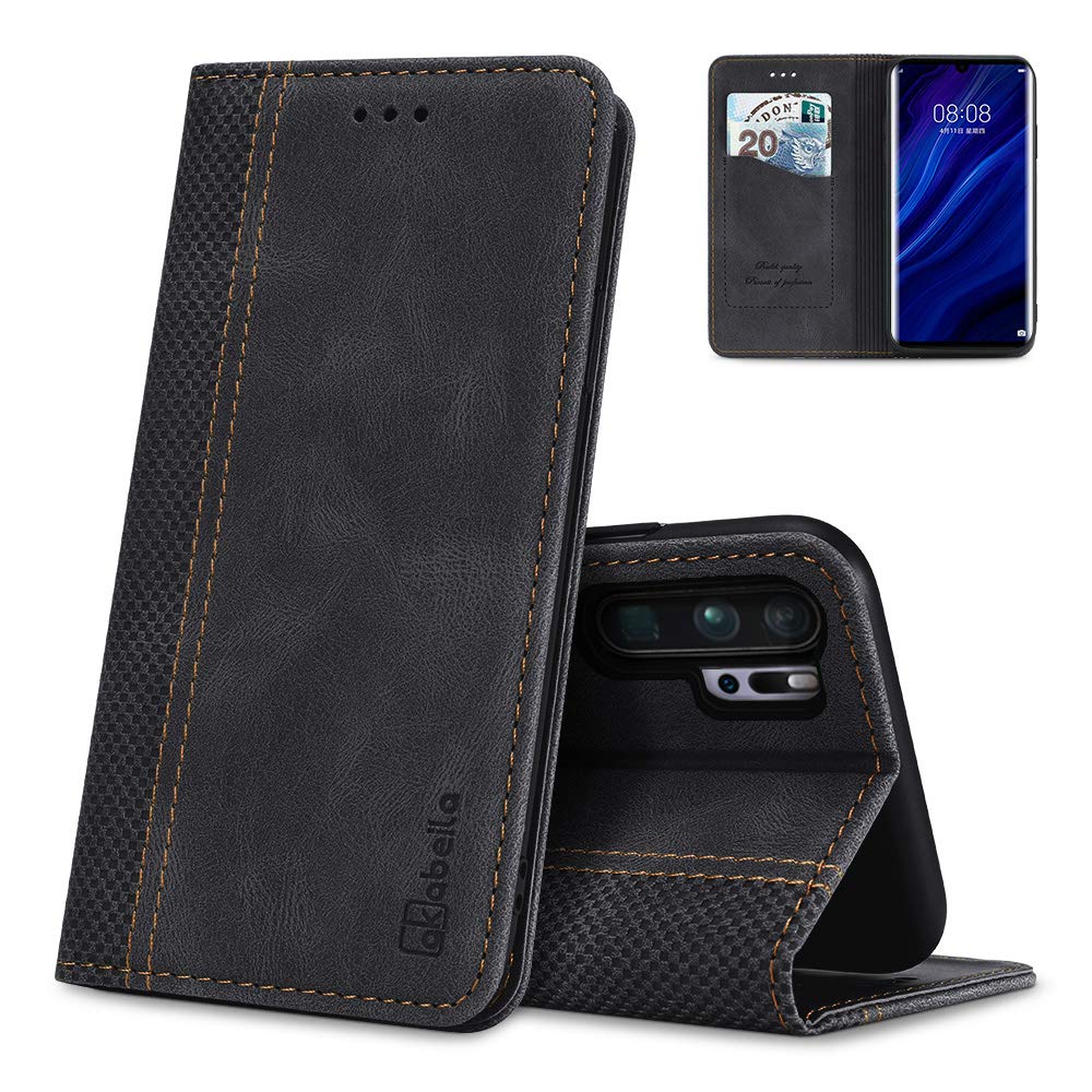 AKABEILA Case for Huawei P30 Pro Premium Leather Flip Wallet Case with Magnetic Closure Kickstand Card Slots Folio Phone Cover Protective Screen Protector Holster Shell Shockproof Black