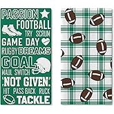 Croar Football Season Kitchen Dish Towels Set of 2, Rugby Sport Game Day Green Buffalo Plaid Drying Hand Towel Baking Cooking Cloth, Farmhouse Bathroom Home Decor Football Player Gifts 18'' x 26''