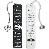 Dragon Metal Bookmarks – Set of 2 Engraved Fantasy Bookmark with Charms, Cool Bookmarks for Women and Men, Bookish Quotes Gifts for Readers, Magical Academy Book Accessories (Style 1)