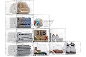 Yashong 10 Pack Upgraded XX-Large Closet Organizers and Storage with Magnetic Door, New structure is more stable, Thicken & Sturdy Clear Stackable Interconnectable Shoe Box for Entryway, Under Bed