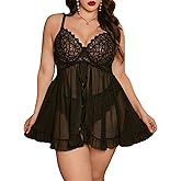 OYOANGLE Women's Plus Size 2 Piece Lace Sheer Open Front Underwire Chemise Nightdress with Panty Lingerie Set
