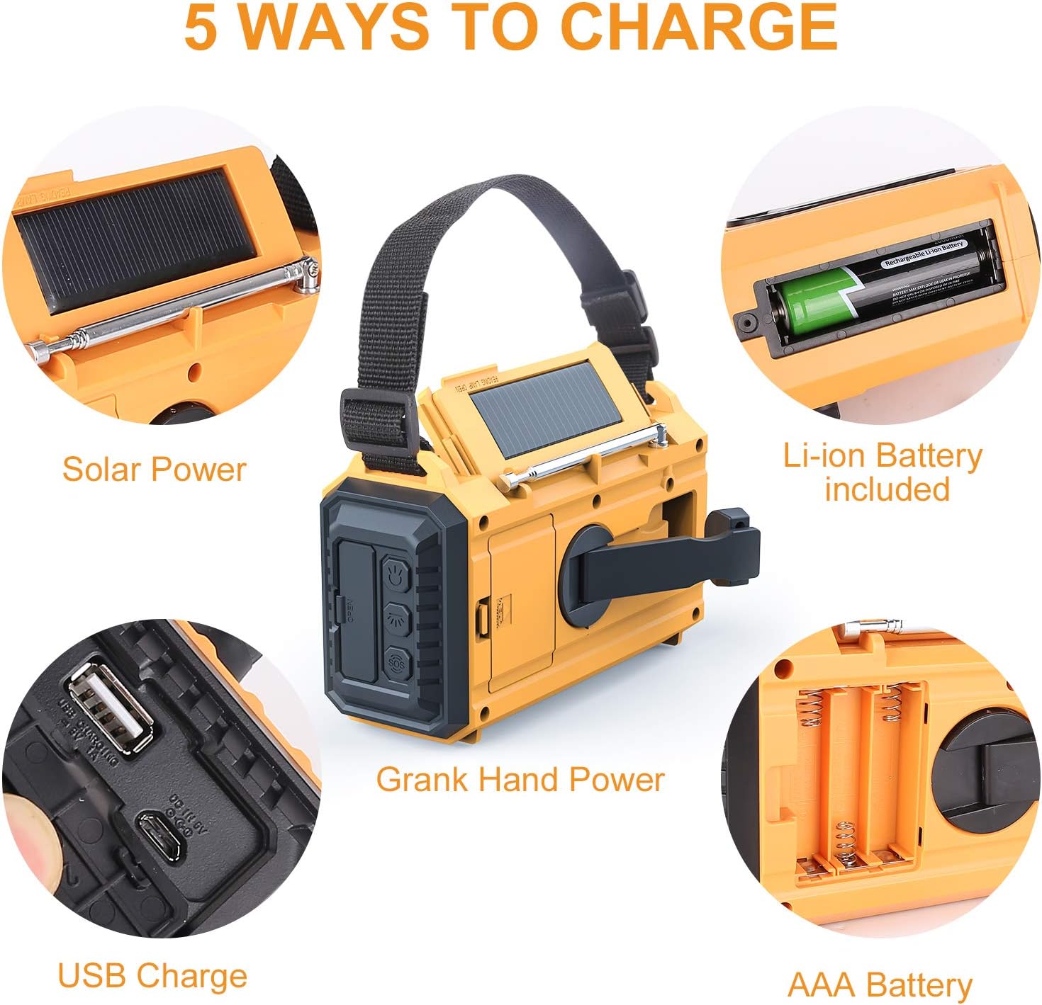 Weather Radio Raynic Solar Hand Crank Emergency Radio 5 Ways Powered AM/FM/SW/NOAA Weather Alert Portable Radio with Flashlight, Reading Lamp, Cellphone Charger and SOS Alarm (Yellow): Home Audio & Theater