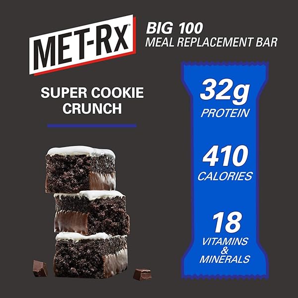 MET-RX BIG 100 PROTEIN BAR, MEAL REPLACEMENT BAR, 32G PROTEIN, SUPER COOKIE CRUNCH, 4 COUNT
