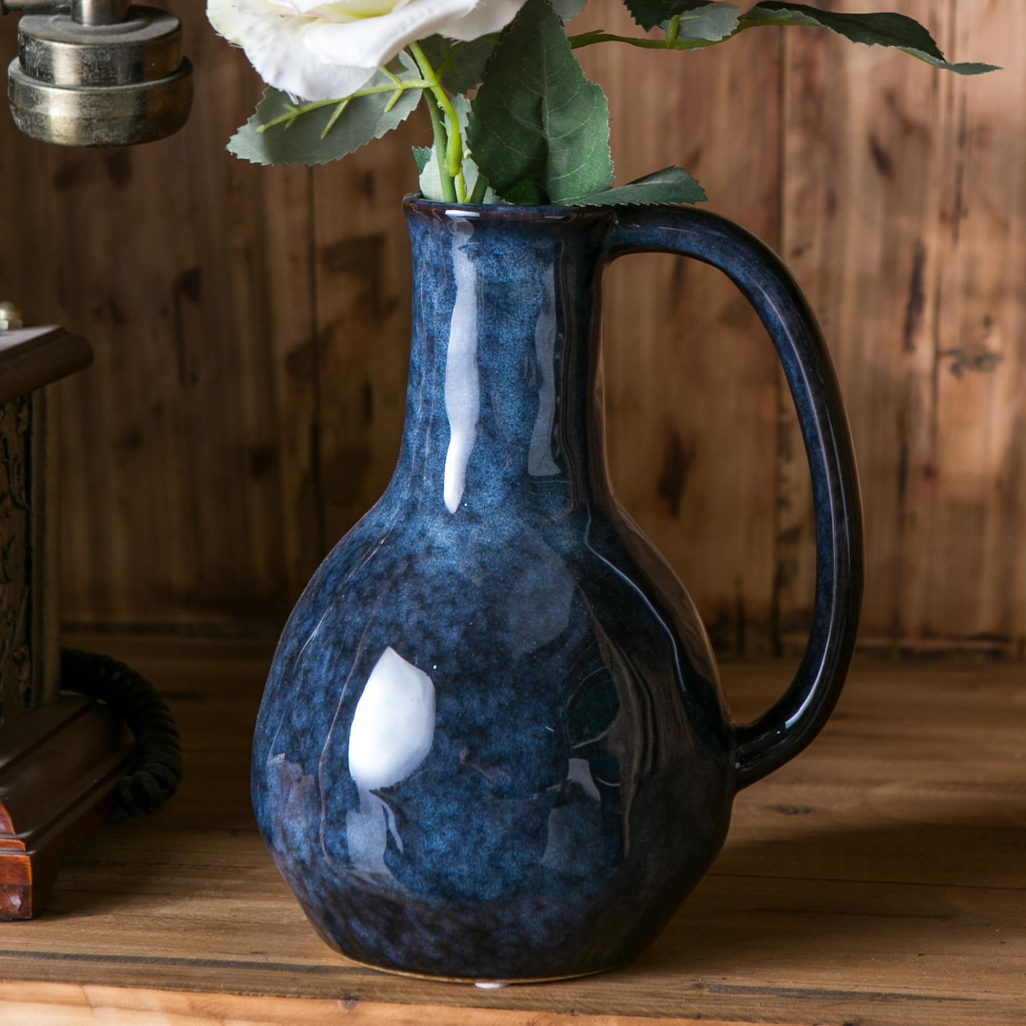Photo 1 of Tanvecle Blue Ceramic Vase with Big Handles, Modern Farmhouse Decor, Rustic Pottery for Flowers, Decorative Terracotta Centerpiece for Dining Table