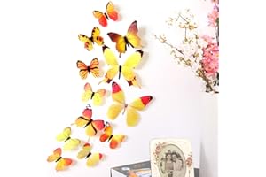 BOKELEY-HOME ACCESSORIES Bokeley 12 x PCS 3D Colorful Butterfly Wall Stickers DIY Art Decor Crafts for Nursery Classroom Offices Kids Girl Boy Baby Bedroom Bathroom Magnets (Yellow)