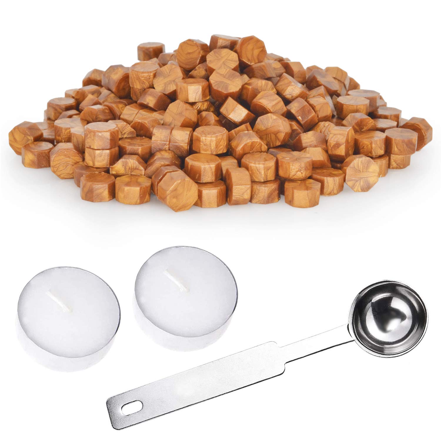 Sealing Wax Beads Set 310 Pieces Octagon Wax Seal Beads with 1PC Melting Spoon and 2Pcs Tea Candles for Wax Seal Stamp - Gold