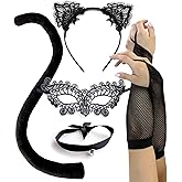 Black Cat Costume for Women, Halloween Masquerade Mask, Lace Ears, Gloves, Tail, Choker Necklace