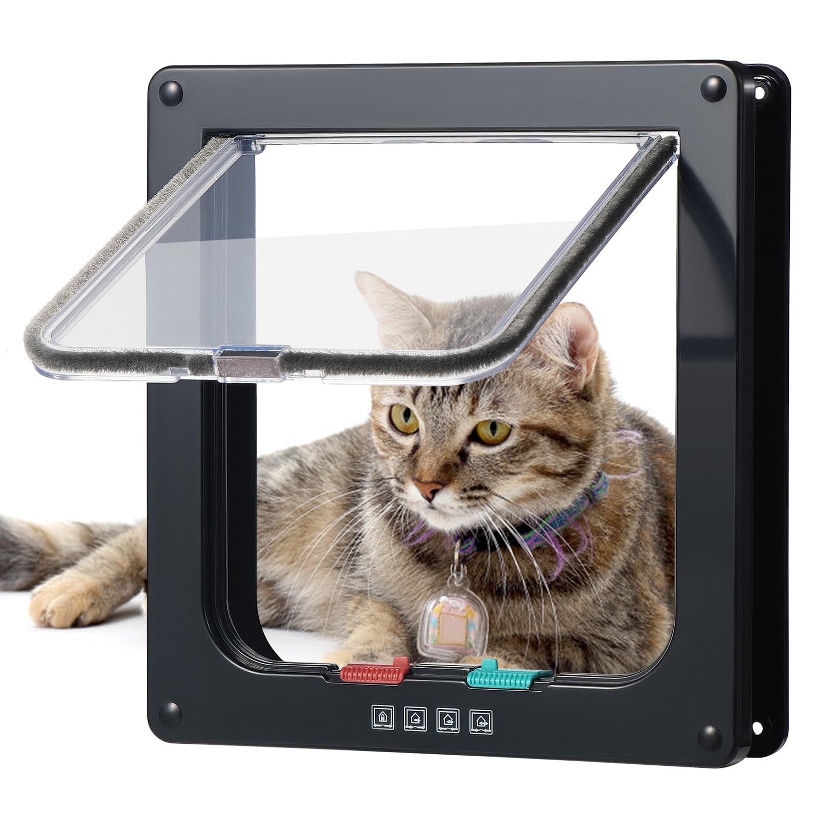 Roxanex Cat Door Large 19.5cm x 18.5cm Flap Easy to Fit, Safety Pet Sliding Door with 4 Way Lock, Weatherproof Cat Flap for Inside Outside Door Wall Fence, Black