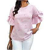 GORGLITTER Women's Plus Size Striped Bow Blouse Ruffle Flare Short Sleeve Crewneck Trendy Dressy Work Shirt Top