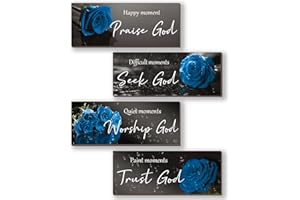 ONIZHITY 4 Pcs Blue Bathroom Decor Religious Wall Art Bible Verse Inspirational Navy Blue Rose Wall Decor Rustic Wooden Christian Sign for Home Bathroom Office Bedroom Living Room Kitchen(Blue 10x4)