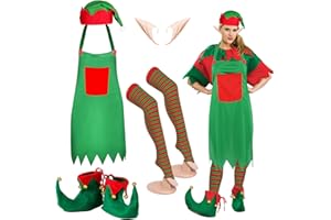 DTESL 5 Piece Christmas Elf Costume for women Set including Santa Elf Hat, Fairy Elf Ears, Elf Apron, Long Striped Socks, Elf Shoes (5 PCS)