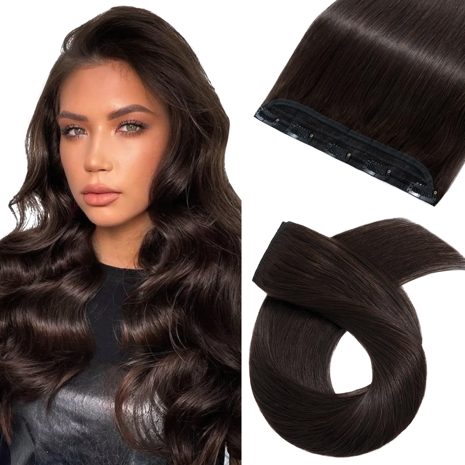 Silk-co Remy Clip in Human Hair Extensions (#02 Dark Brown, 10 inches-40g) One Piece Real Hair Extension Clip in 3/4 Full Head 100% Remy Silky Soft Straight — image 1