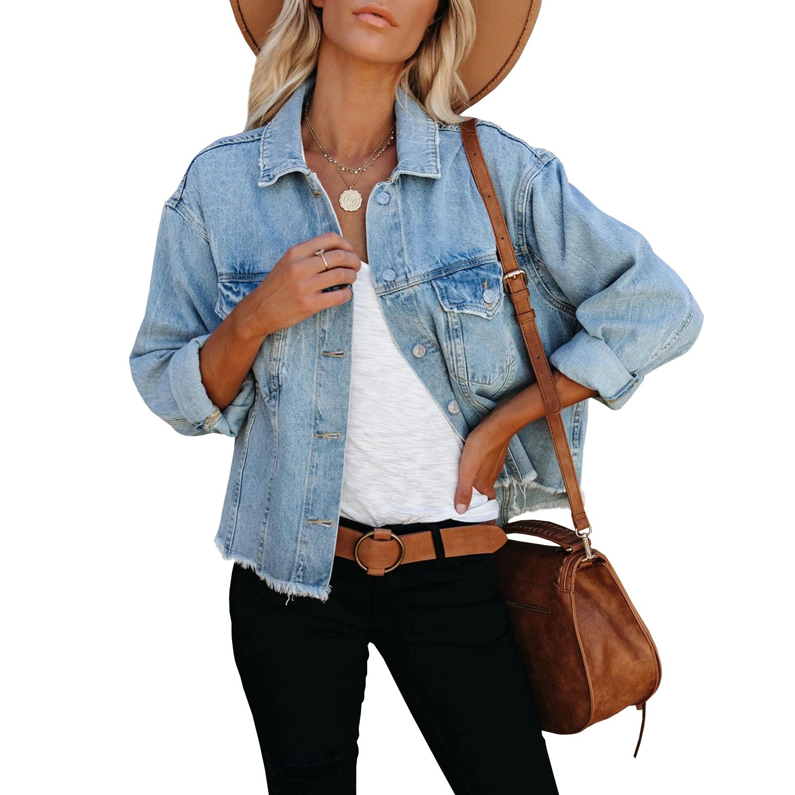 Photo 1 of LONGBIDA Women's Jean Jacket Frayed Washed Button Up Cropped Denim Jacket With Pockets(Light Blue,M)