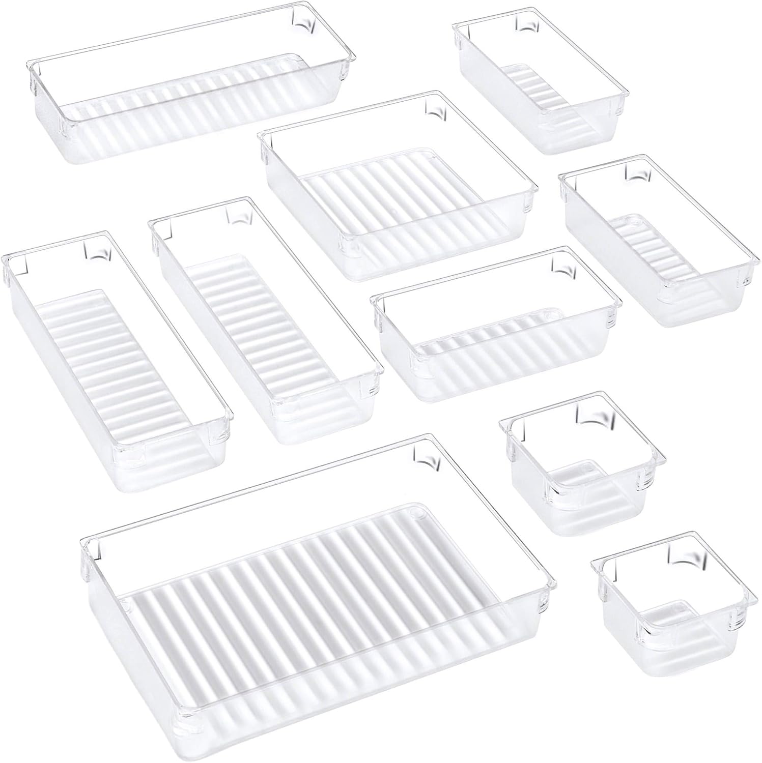 Puroma 10-pcs Desk Drawer Organizer Trays, 5 Different Sizes Large Capacity Plastic Bins Kitchen Drawer Organizers Bathroom Drawer Dividers for Makeup, Kitchen Utensils, Jewelries and Gadgets: Home & Kitchen