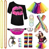 WILDPARTY 80s Costume Accessories for Women, T-Shirt Tutu Fanny Pack Headband Earring Necklace Fishnet Gloves Legwarmers