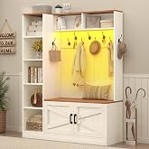TVU Hall Tree with Bench &amp; Shoe Storage, Farmhouse Entryway Bench with Coat Racks &amp; Led Lights, Entryway Solution with 7 Storage Cubbies, &amp; 10 Double Hooks, Adjustable Shelf &amp; Barn door