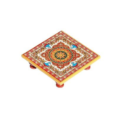 Handicrafts Paradise Intricate Floral Painted Marble Chowki (10.2 cm x 10.2 cm x 2.55 cm)