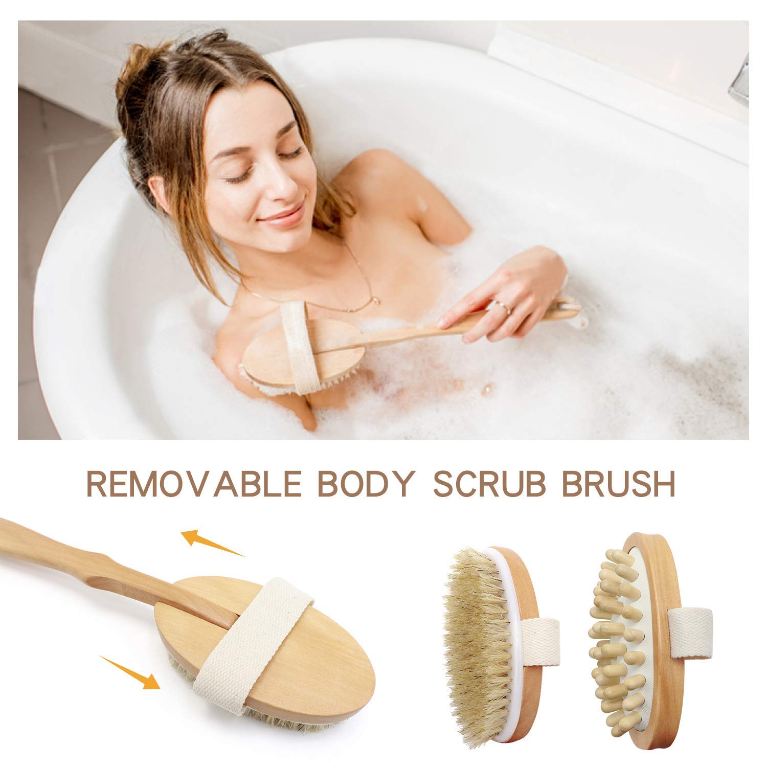 Dry Brushing Body Brush, 4 Pcs Detachable Natural Boar Bristle Body Brush Set with an Exfoliating Face Brush, a Shower Glove and a Massager Brush, Removes Dead Skin & Toxins