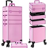JINGUAN Profesional Rolling Makeup Train Case with Lid, 5 in 1 Cosmetology Case on Wheels, Large Cosmetic Trolley Organizer Travel for Hairstylist Artist Nail Beauty Salon Barber, Pink