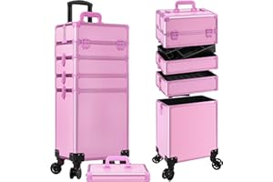 JINGUAN Profesional Rolling Makeup Train Case with Lid, 5 in 1 Cosmetology Case on Wheels, Large Cosmetic Trolley Organizer Travel for Hairstylist Artist Nail Beauty Salon Barber, Pink