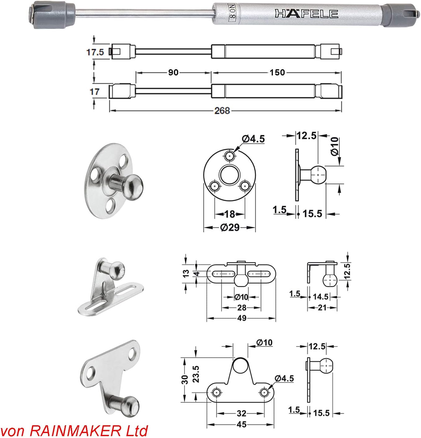 HAFELE 80N Heavy Tight Telescopic Soft Seal Gas Shock Absorber Arm Gas Piston Pneumatic Jack for Furniture Pistons for Kitchen Doors Gas Spring Cabinet 4 Pieces - Image 5