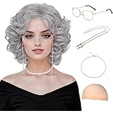 Guree Hair Old Lady Wigs for Women, Grey Wigs for Granny Grandma Costume-Gray Wig, Wig Cap, Madea Granny Glasses, Eyeglass Retainer Chain, Pearl Necklace (5pcs Set)