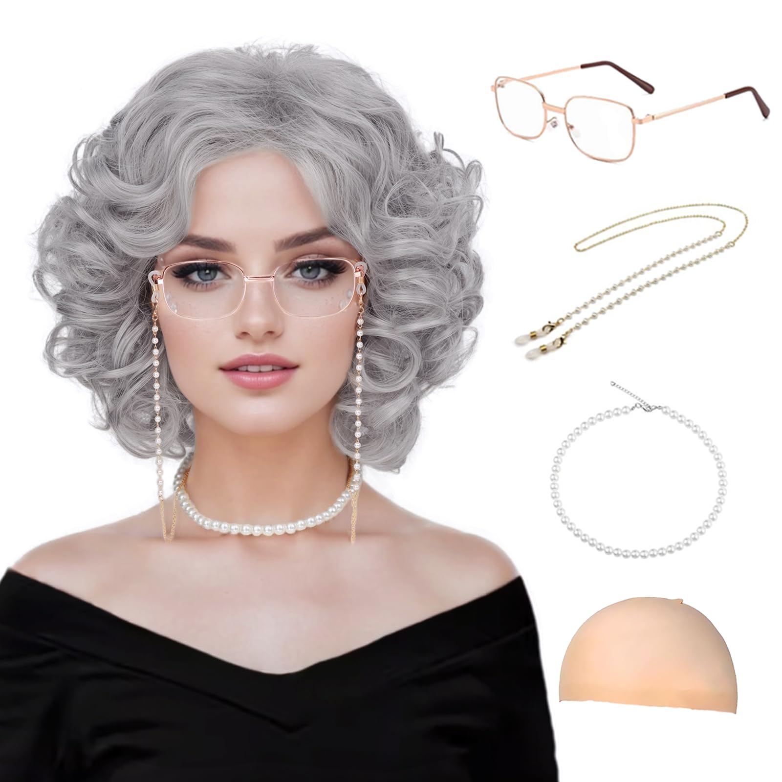Photo 1 of Guree Hair Old Lady Wigs for Women, Grey Wigs for Granny Grandma Costume-Gray Wig, Wig Cap, Madea Granny Glasses, Eyeglass Retainer Chain, Pearl Necklace (5pcs Set)