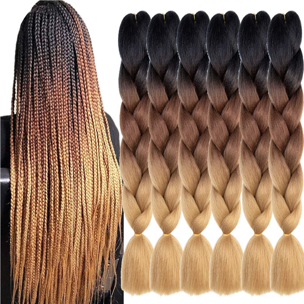 Photo 1 of SHUOHAN 6 Packs Ombre Jumbo Braiding Hair Extensions 24 Inch High Temperature Synthetic Fiber Hair Extensions for Box Braids Braiding Hair (Black to Brown to Light Brown)