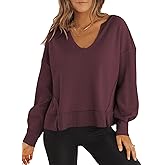 Dokotoo Womens Spring Outfits V Neck Waffle Knit Tops Cropped Sweaters Long Sleeve Pullover Crop Top