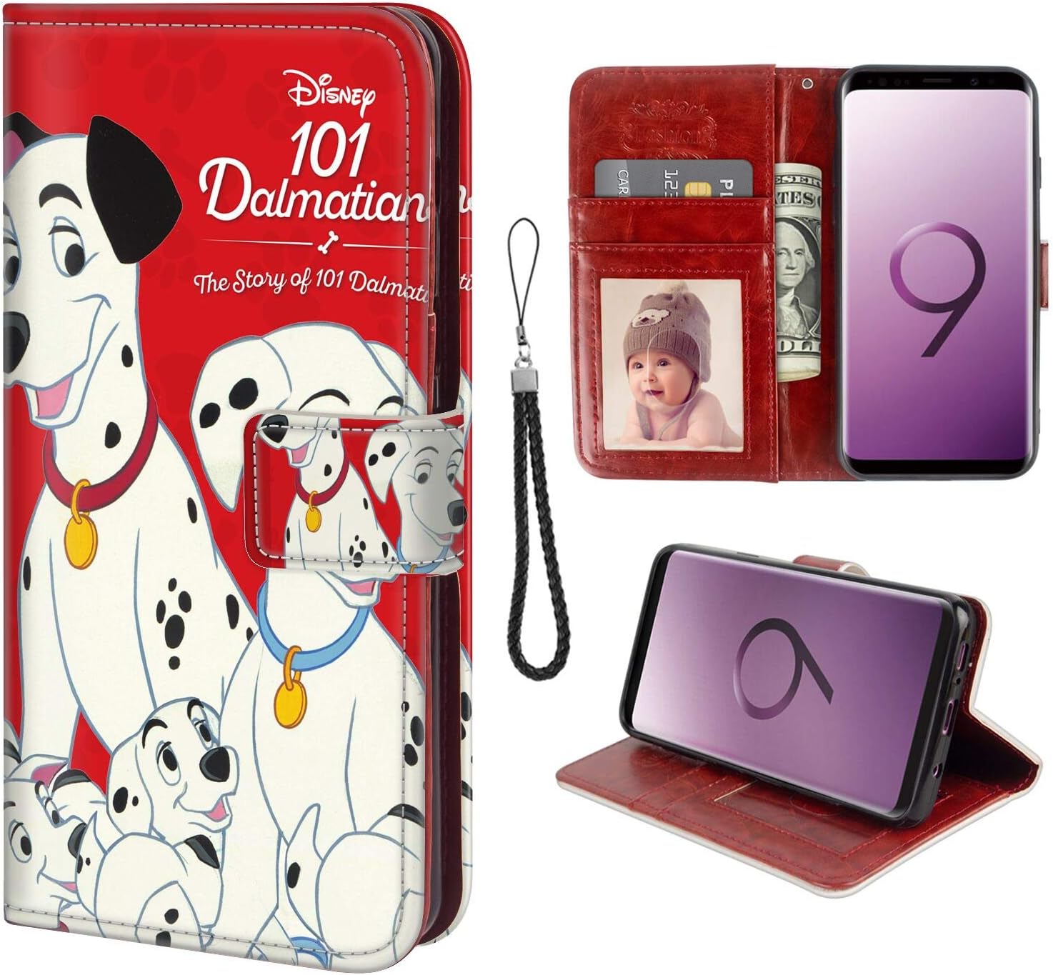 DISNEY COLLECTION Compatible Samsung Galaxy S9 Wallet Case with 101 Dalmatians Pattern Design Magnetic Closure Folio Flip with Card Holder and Wrist Strap