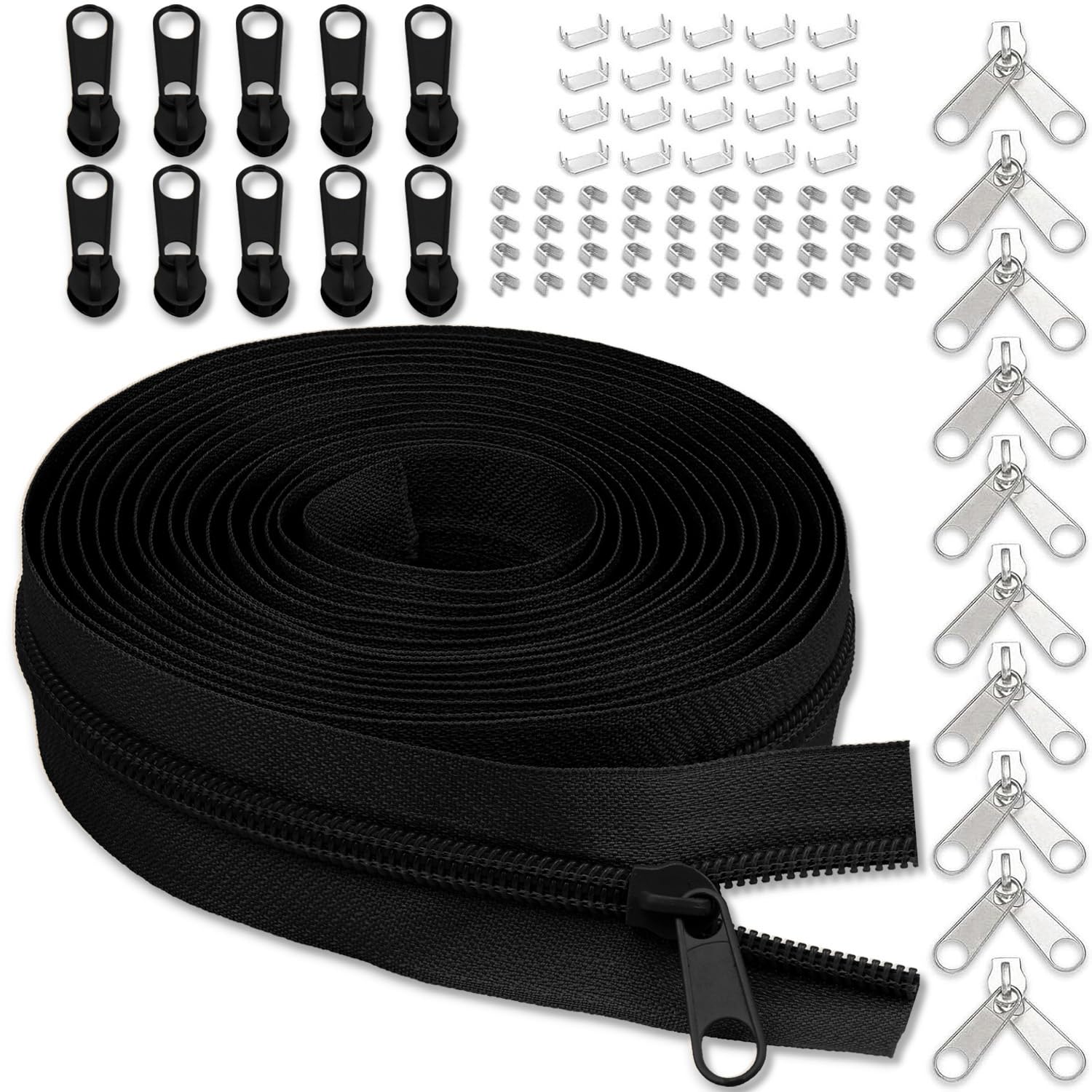 Photo 1 of #5 Nylon Zipper Tape for Sewing: YZSFIRM 10 Yards Black by The Yard Nylon Coil Zippers for DIY Sewing Craft with 10 Bulk Metal Zipper Slider and 10 Double Slider