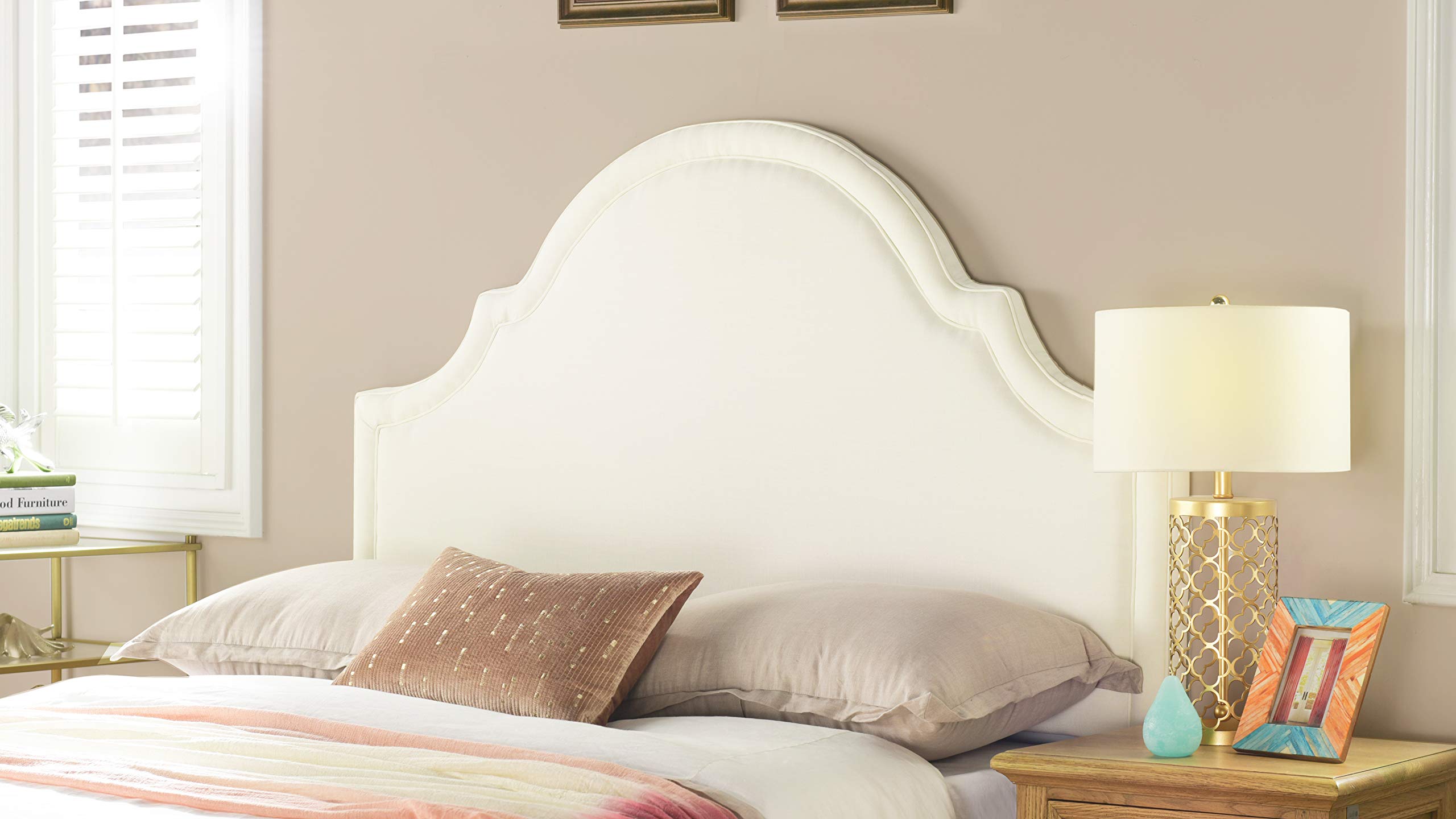 Jennifer Taylor Home Catherine Collection Antique White Upholstered Camel Back Luxury Queen Size Size Headboard With Trim, Queen Size, Star White