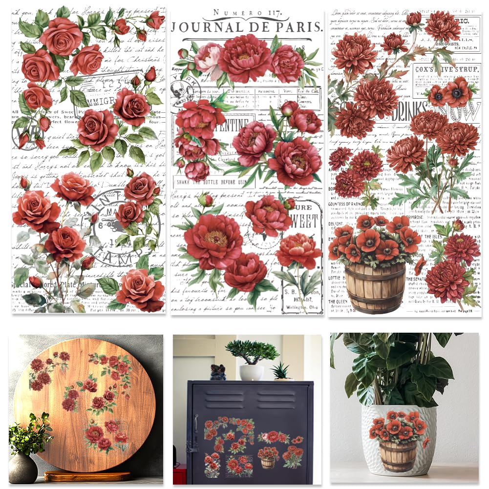 INFUNLY 3PCS Vintage Red Rose Rub on Transfers for Furniture 5.9"×11.8" Flower Theme Transfers Sticker Botanical Peony Transfers Stickers with Word Background for Wood Glass Scrapbook DIY Paper