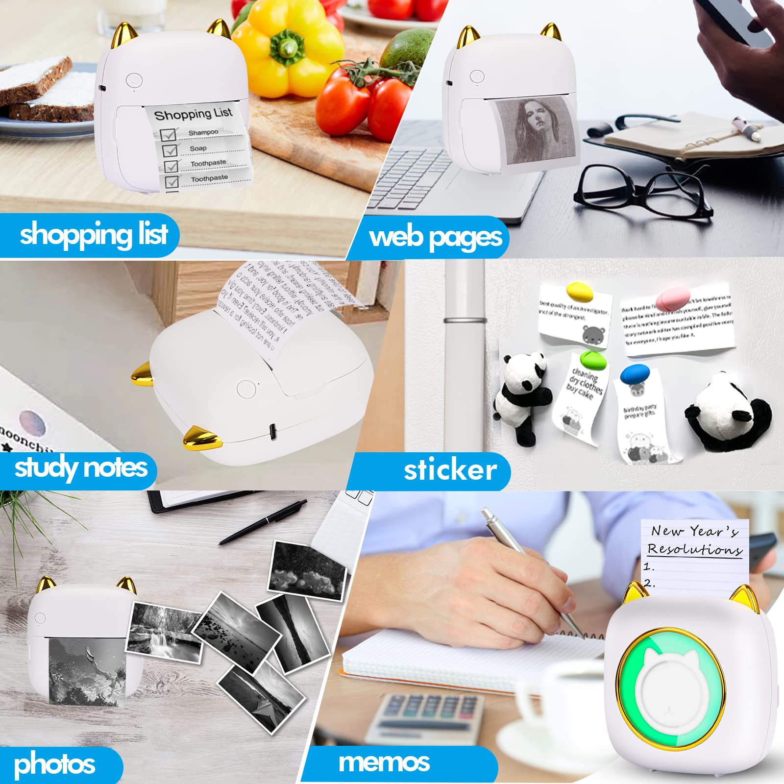 HuiJuKeJi Mini Sticker Printer Pocket Inkless Thermal Printer with RGB Light for iOS&Android, 10 Rolls Thermal Paper and Sticker, Bluetooth Smart Portable Receipt Printer for Photo Journal Notes Memo