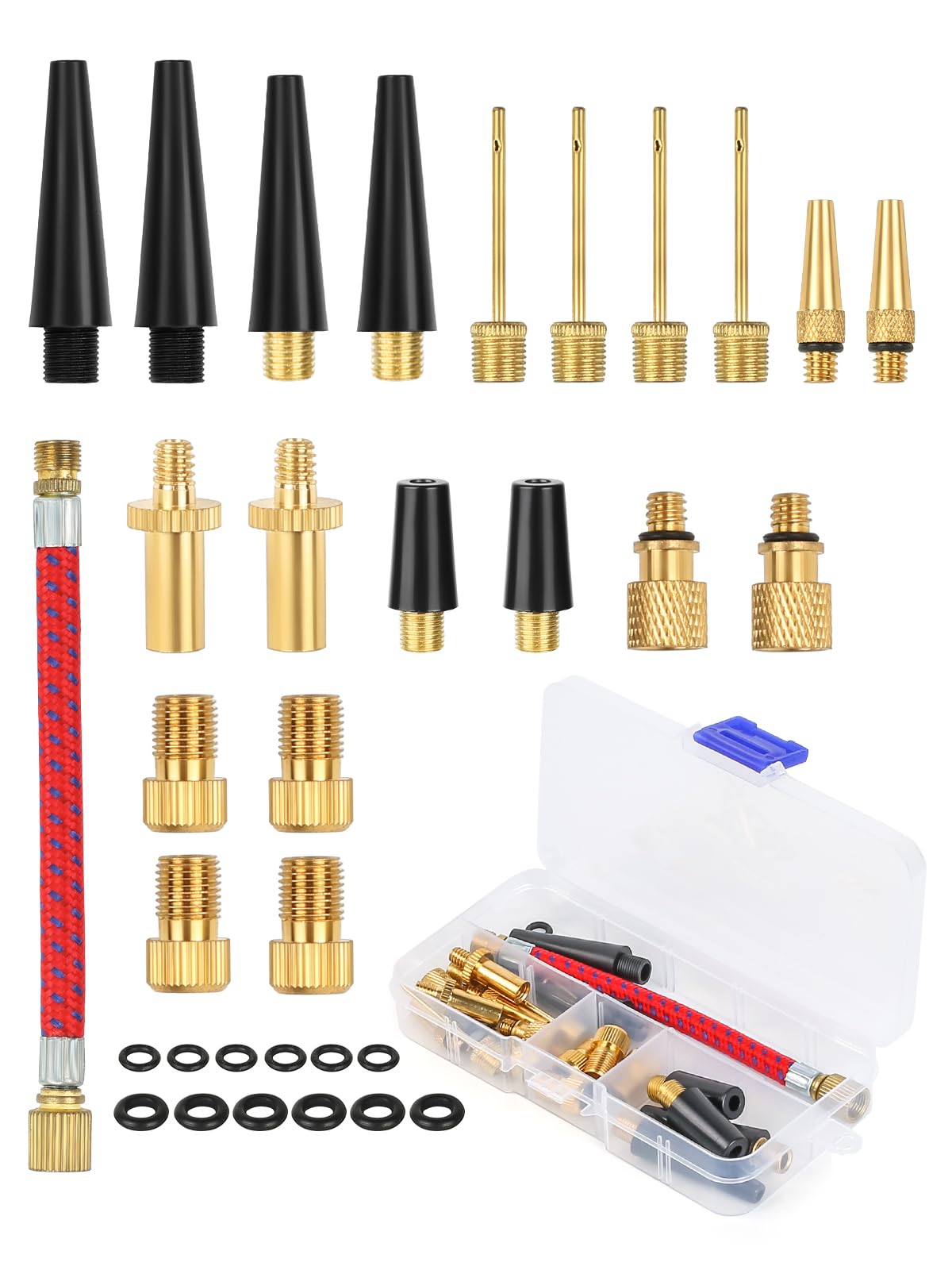 Bohoray 33Pcs Bike Pump Adapter Set,Bike Valve Adapter DV/AV/SV,Bicycle Pump Adapter With Ball Pump/Inflatable Tube/Sealing Ring,Presta Valve Adapter,Bike Pump Adaptor With Plastic Box For Compressor