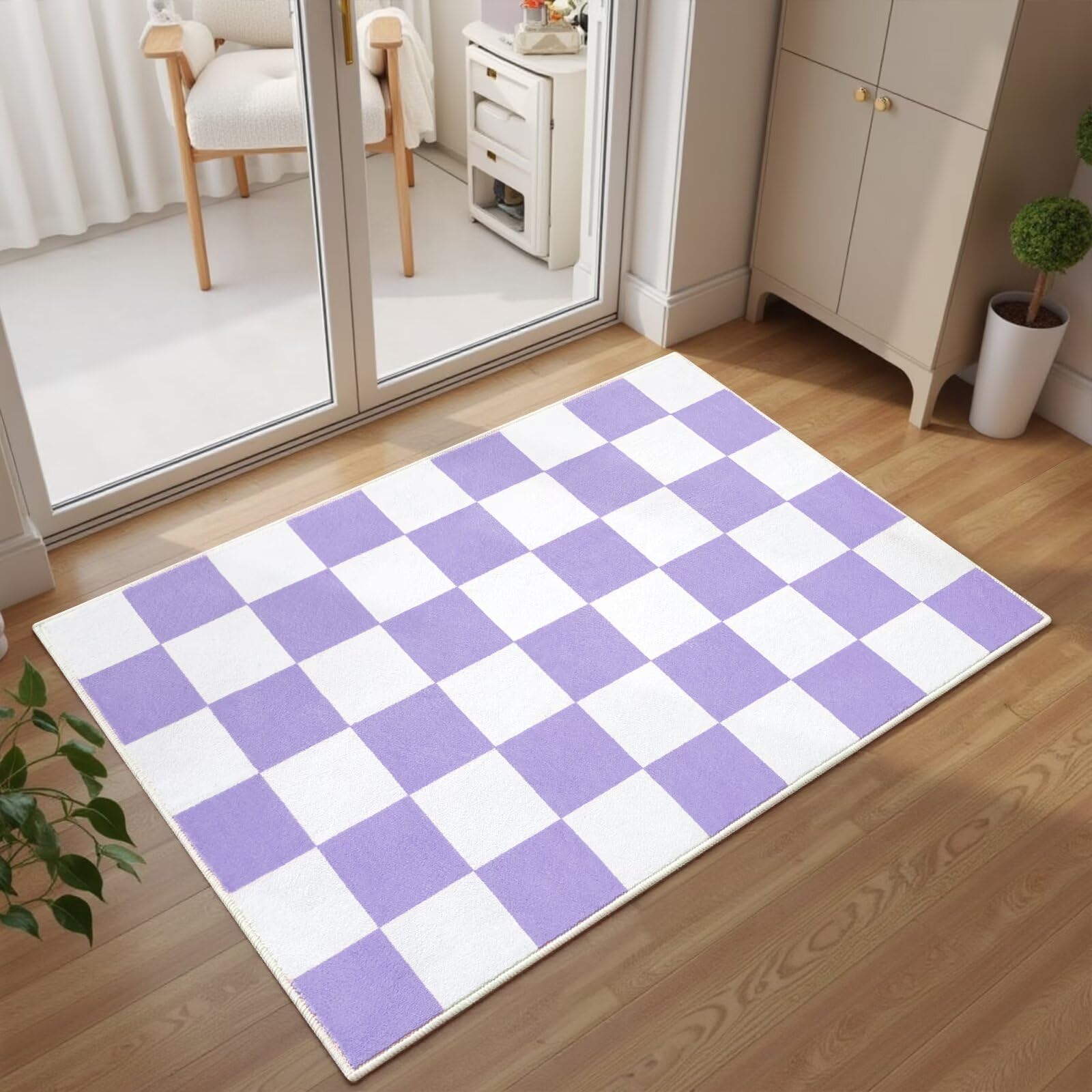 Terrug Purple and White Checkered Rug for Entryway,2x3 Small Area Rugs Washable with Non Slip for Kitchen,Soft Low Pile Retro Carpet for Bedroom Front Door Porch