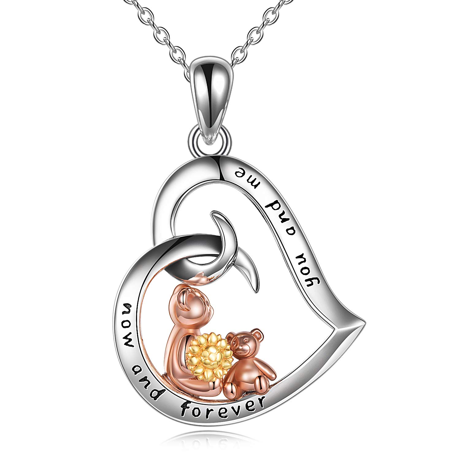 YFN Bear Necklace 925 Sterling Silver Heart Necklace Mom Mother and Child for Women Girls