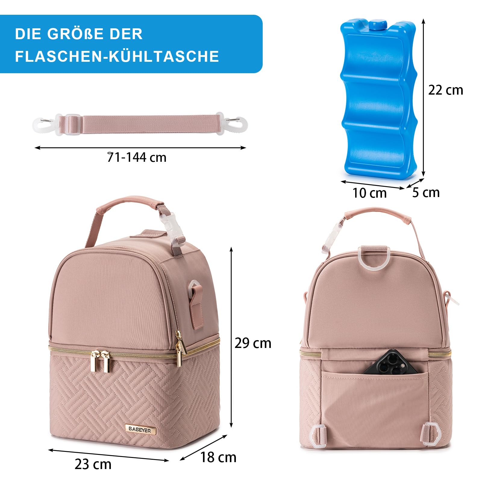 BABEYER Muttermilch-Kühltasche mit Kühlakku für 6 Babyflaschen bis 270 ml, Muttermilchpumpen-Kühltasche mit Schultergurt für stillende Mütter Kindertagesstätte, Arbeit, Reise-Rosa 5