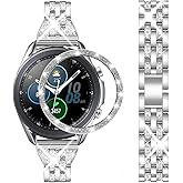 DEALELE Bands Compatible with Samsung Galaxy Watch 3 (41mm), 20mm Luxury Diamond Stainless Steel Metal Bracelet with Rhinestone Bezel Ring Case Cover Replacement for Women Men