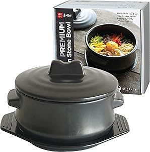 ElinCube Premium Korean Stone Bowl with Lid & Platter, Clay Pot for Cooking Hot Pot Dolsot Bibimbap and Soup