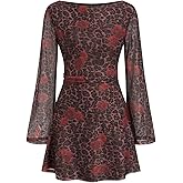 CIDER Women's Floral Mini Dress Long Sleeve A Line Boat Neck Short Dress Going Out Party Clubbing Outfits