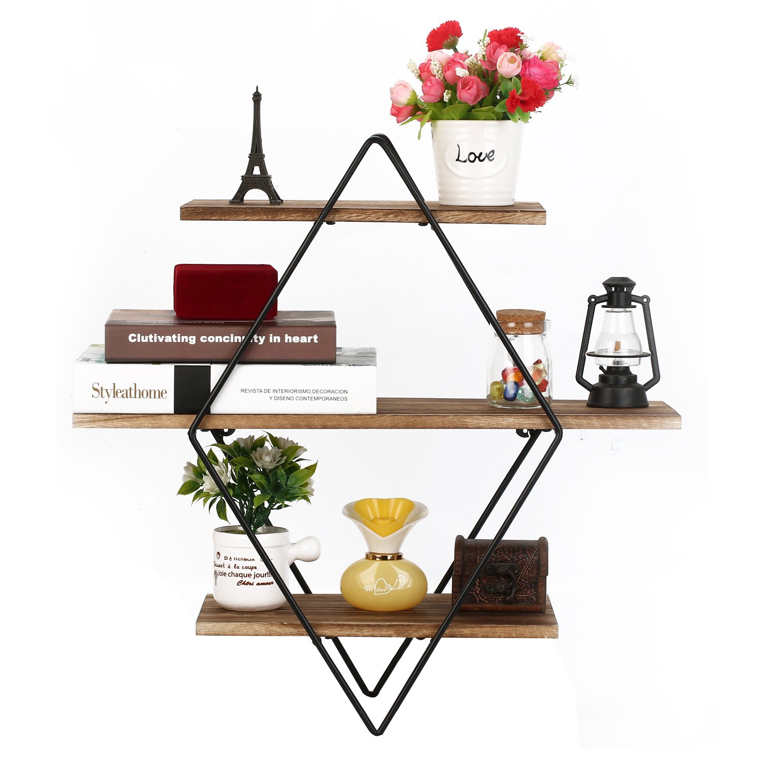 Homode Floating Shelves, 3 Tier Geometric Diamond Wall Shelves, Wood and Metal Art, Rustic