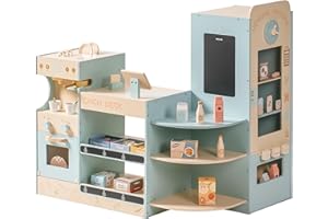 ROBOTIME Wooden Grocery Store Playset for Kids, Pretend Supermarket with Cash Register and Vending Machine, Grocery Toy Set for Toddler Boys and Girls