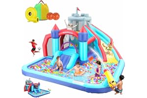 WONFUY Inflatable Water Slide, 10 in 1 Bounce House Water Park with 580W Blower Climbing Wall, Splash Pool, Cannon, Jump Area, Basketball Hoop, Ball Gate, Water Slides Kids Bouncy Castle for Backyard Fun