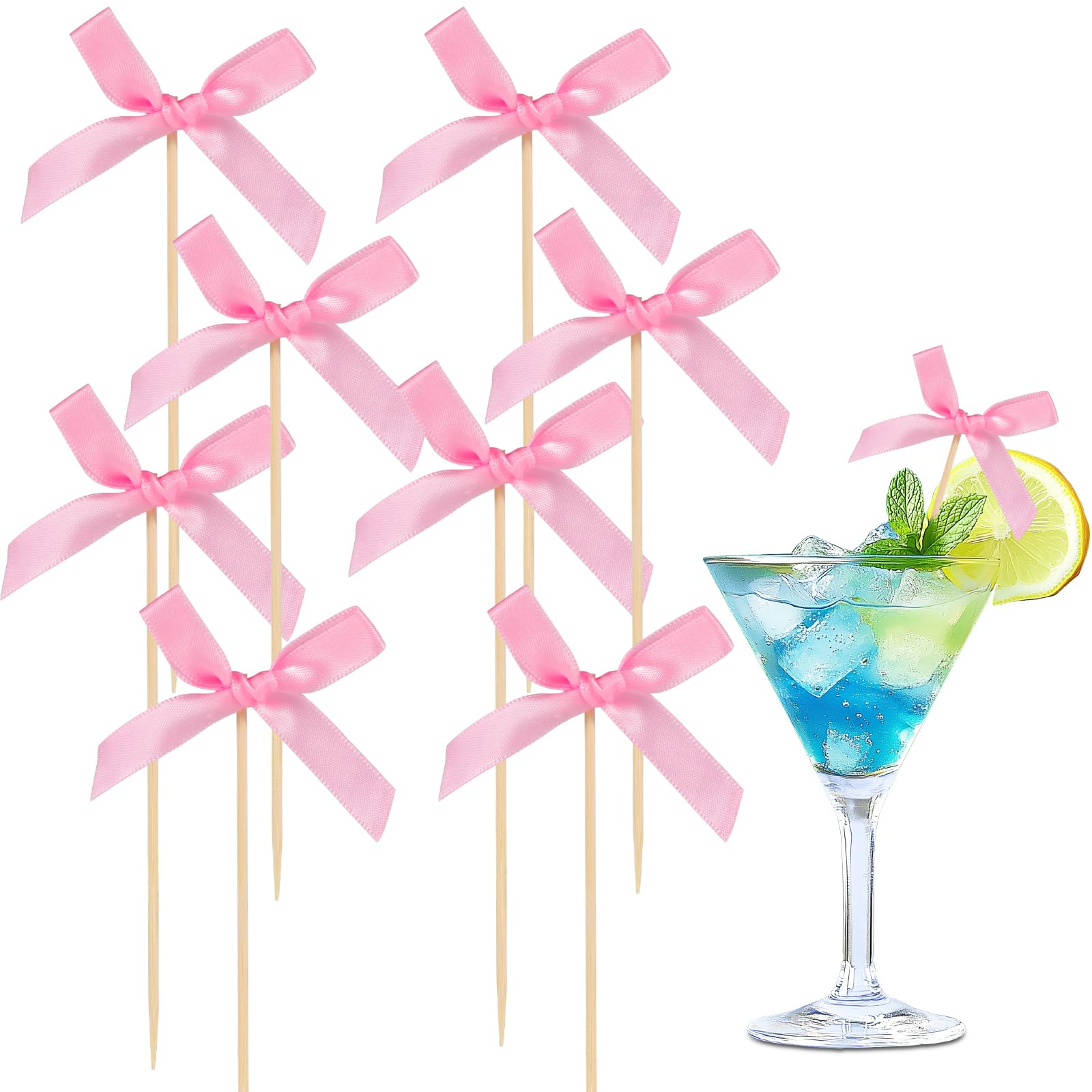 Photo 1 of [300 Pcs] Cocktail Picks Toothpicks for Appetizers - 4.7 inch Pink Bow Decorative Cocktail Toothpicks for Drinks Burgers Sandwich Birthday Party Decoration